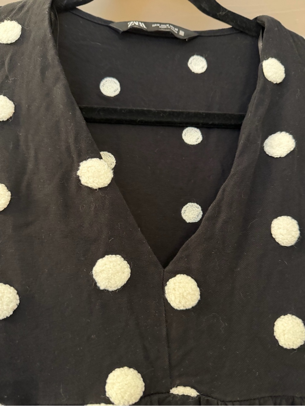 Zara M Black Mini Dress with White Pom Polka Dot Pattern - Picture 3 of 6